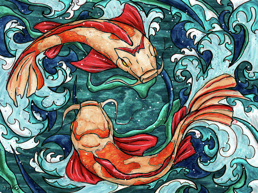 Koi fish couple in waves, two koi fish Painting by Nadia CHEVREL
