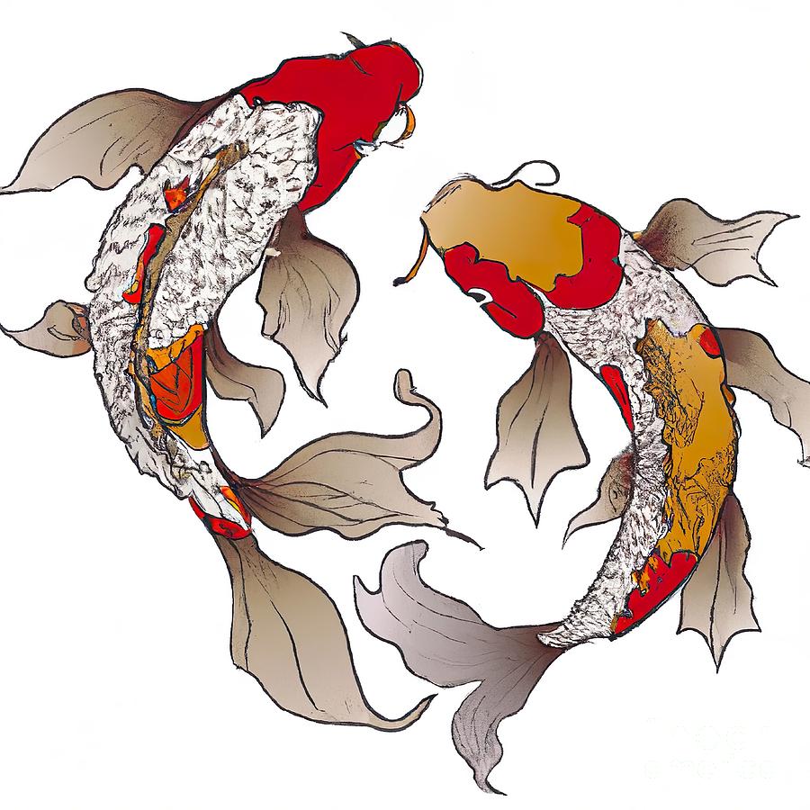 Koi fish swirl Japanese art Digital Art by Roger Brown - Fine Art America