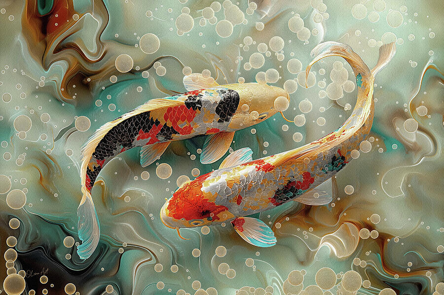 Koi Fish Tranquil Pond Digital Art by Lena Owens - OLena Art Vibrant Palette Knife and Graphic Design