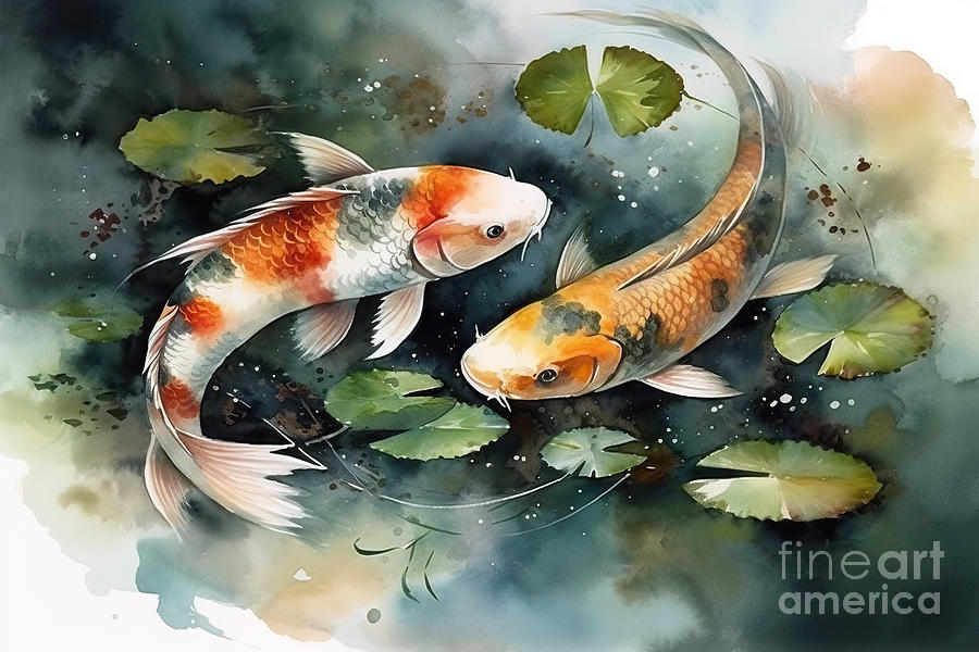 Koi Painting - Koi Fish Underwater, Nature Pond, Watercolor Illustration, by N Akkash