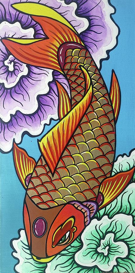 Koi fish wi4h Thought Flowers  Painting by Bryon Stewart