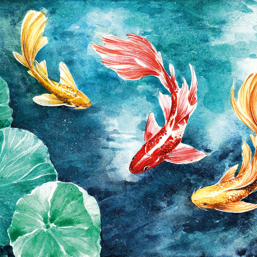 Koi fishes and water lilies Painting by Mason Ellis Ellis