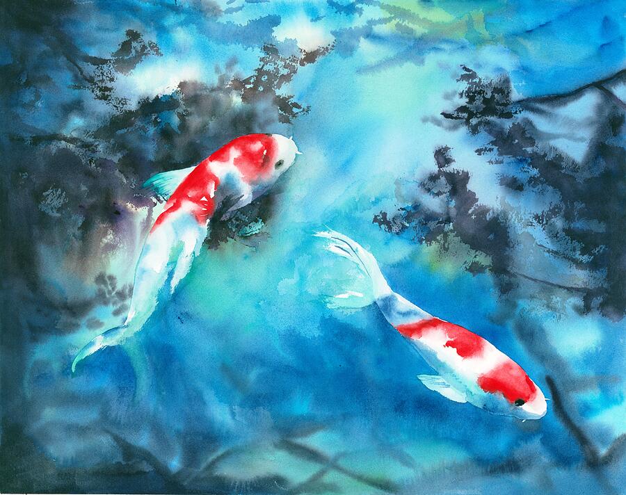 Koi in Blue Painting by Hiroko Stumpf