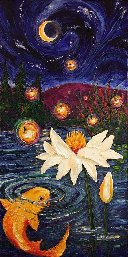 Koi in Lily Pond at Night Painting by Paris Wyatt Llanso