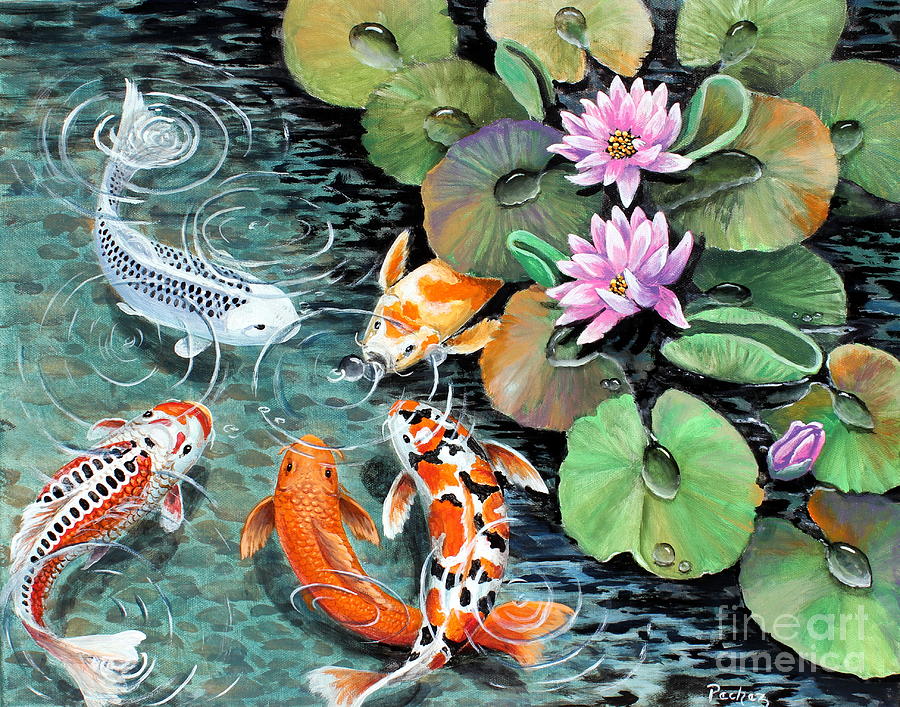 Koi pond feeding time Painting by Pechez Sepehri