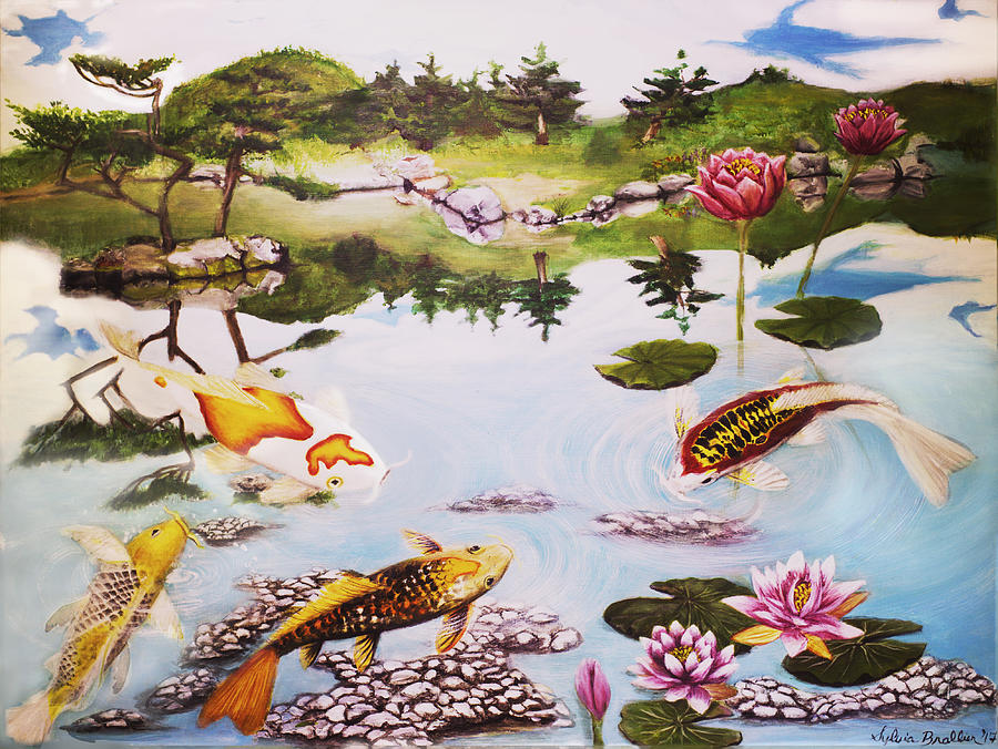 Koi Pond with Lotus Flowers Painting by Sylvia Brallier