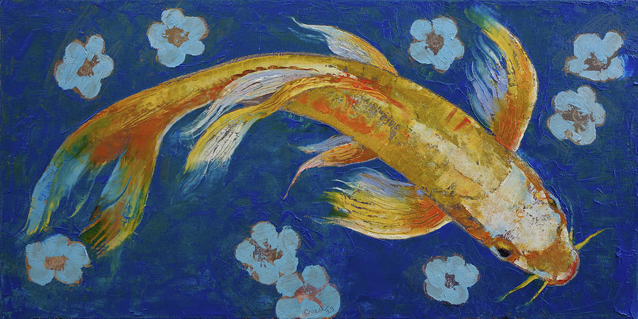Koi with Blue Flowers Painting by Michael Creese