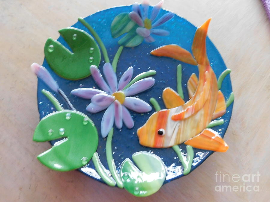 Koi with Water Lilies Glass Art by Joan Clear