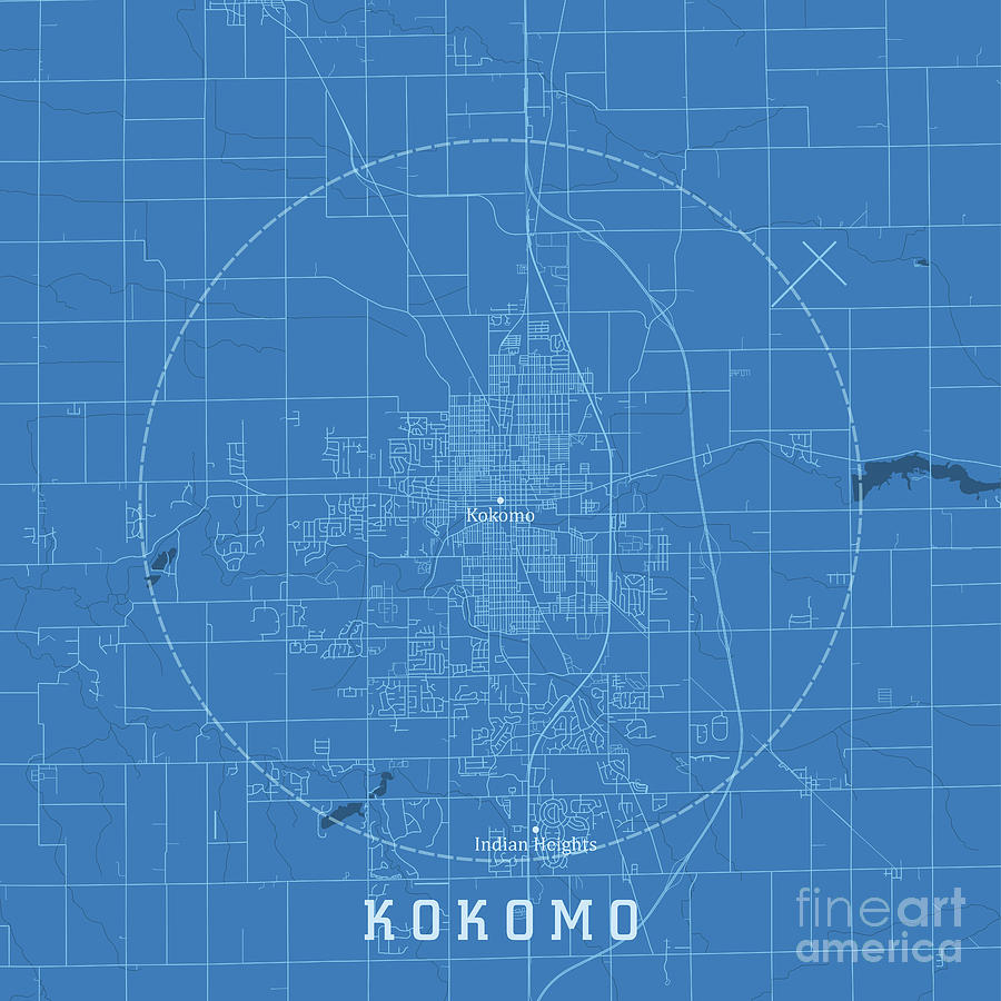 Kokomo IN City Vector Road Map Blue Text Digital Art by Frank Ramspott