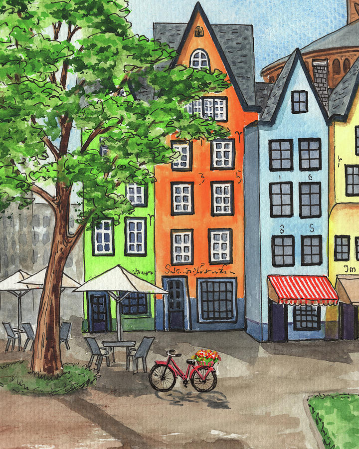 Koln Cute Colorful Buildings With Bicycle Near Cafe Painting by Irina Sztukowski