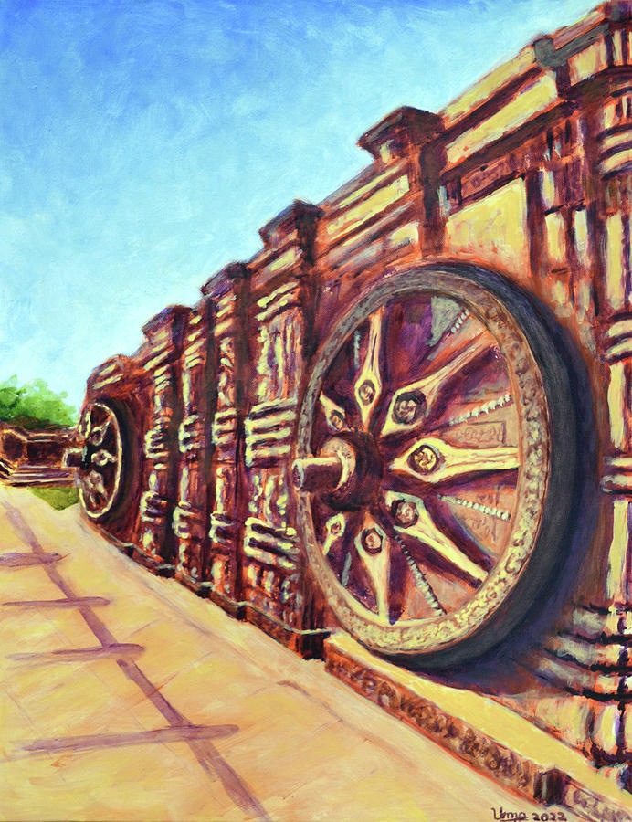 Konark Sun Temple - Wall with Wheels Painting by Uma Krishnamoorthy