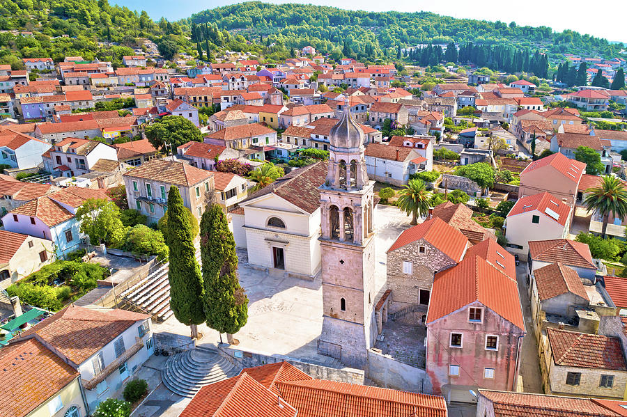 Architecture Photograph - Korcula island. Town of Vela Luka church tower and rooftops aeri by Brch Photography