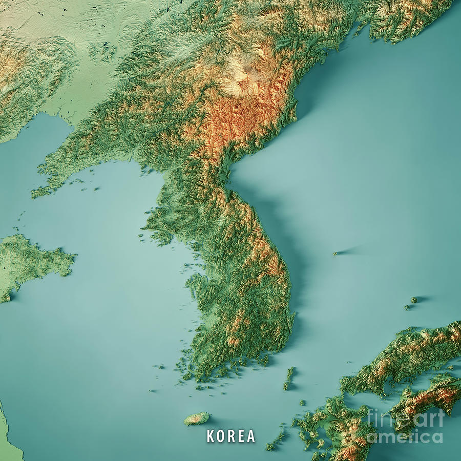 Korea 3D Render Topographic Map Color Digital Art by Frank Ramspott
