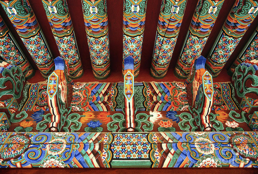 Korea Buddhist temple architecture photography - Bright Beams  Photograph by Sharon Hudson