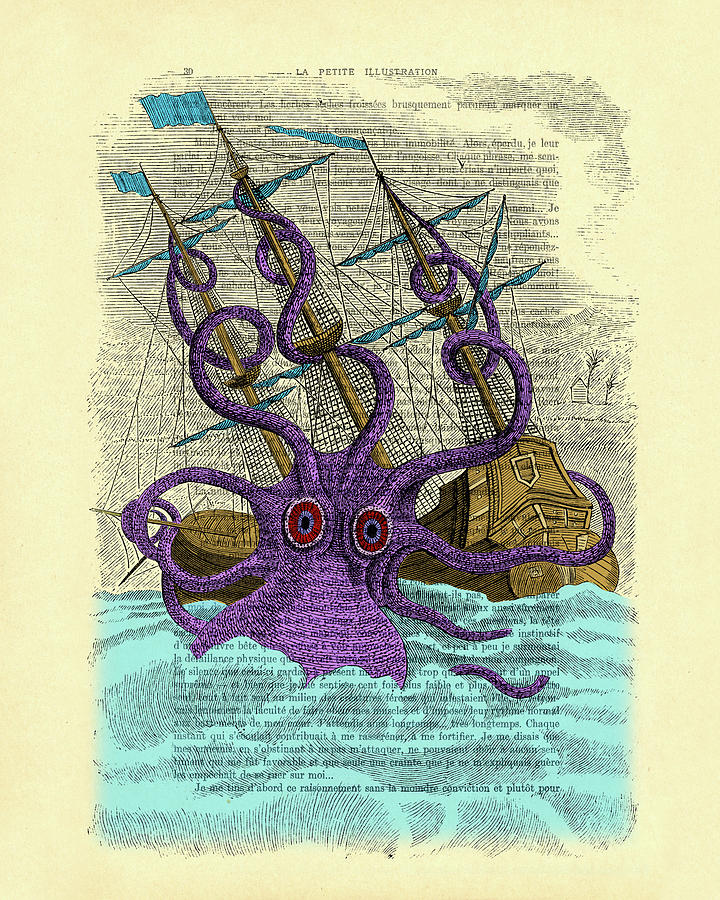 Octopus Digital Art - Kraken art on antique French book page by Madame Memento