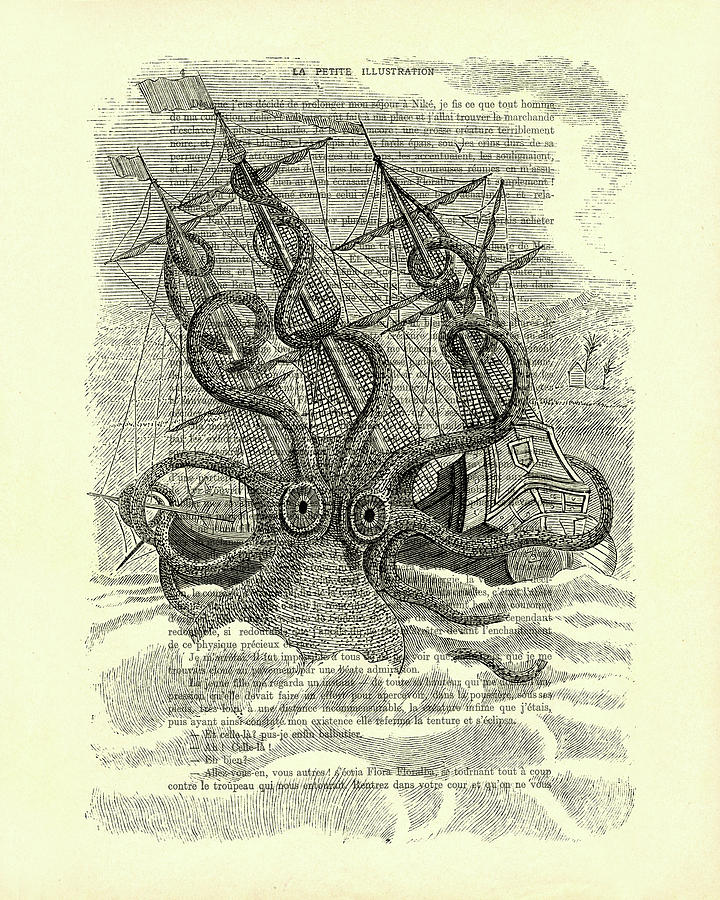 Octopus Mixed Media - Kraken on antique french book page by Madame Memento