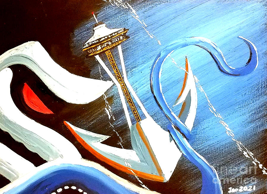 Seattle Painting - Kraken Underwater Anchor Space Needle Art by Teo Alfonso