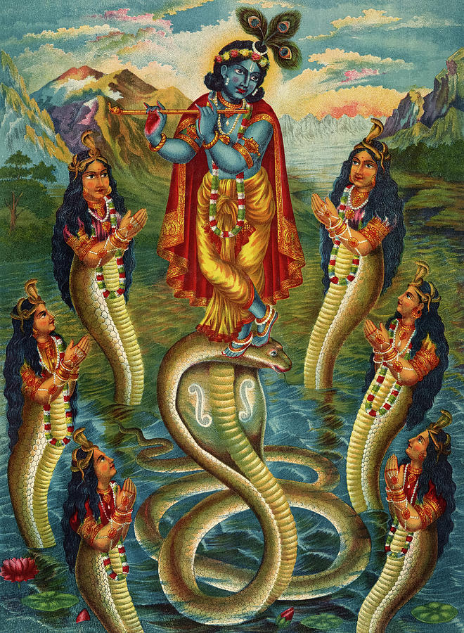 Avatar Painting - Krishna Dancing on the Snake Demon Kaliya and surrounded by the Naginis, all set in the River Jumna by Old Master