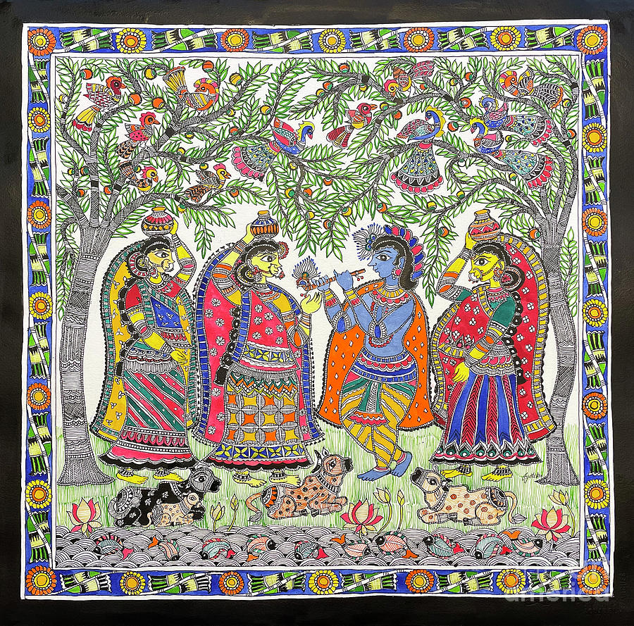 Krishna, Radha and Gopies Painting by Jyotika Shroff