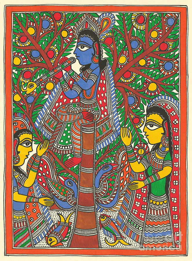 Madhubani Painting -  Krishna with Gopi Girls by Mithila Crafts