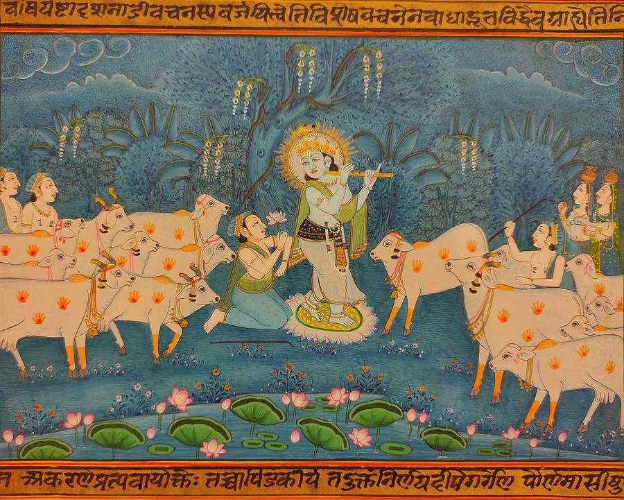 Krishna with Holy Cows Indian Miniature Art Work Detailed Art Work Painting  by University Of Arts - Pixels