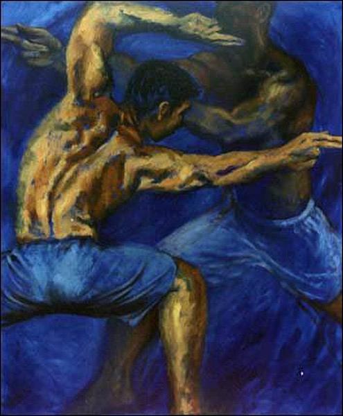 Portrait Painting - Kung Fu warrior in blue. 2000 by Smadar Katz