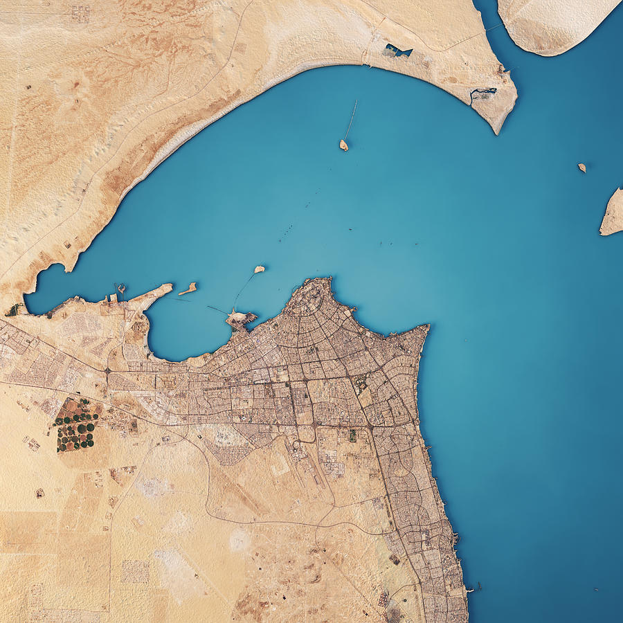 Kuwait City 3D Render Satellite View Topographic Map Photograph by FrankRamspott