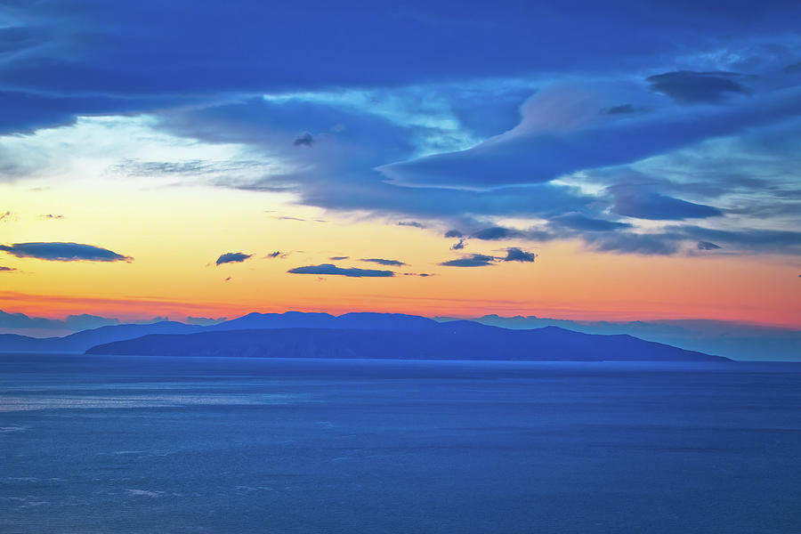 Kvarner bay and island of Krk on open sea at golden dawn view Photograph by Brch Photography