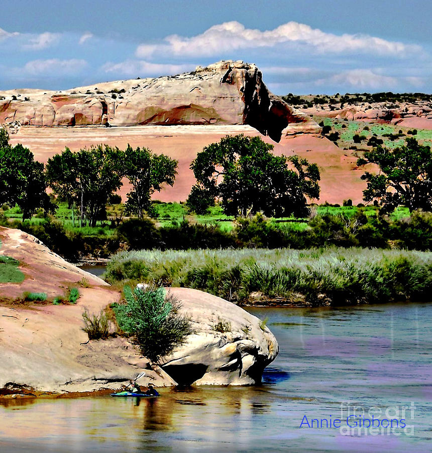 Kyakers on the Colorado near Cisco Utah Digital Art by Annie Gibbons