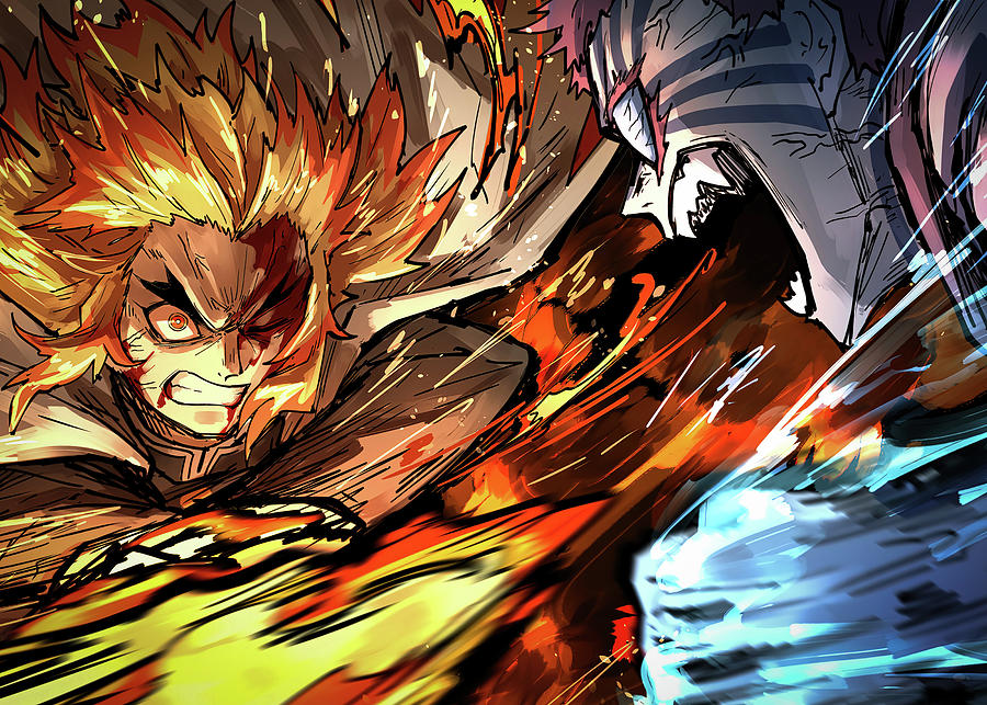 Kyojuro Rengoku Vs Akaza Demon Slayer Digital Art by Edmund Micheal