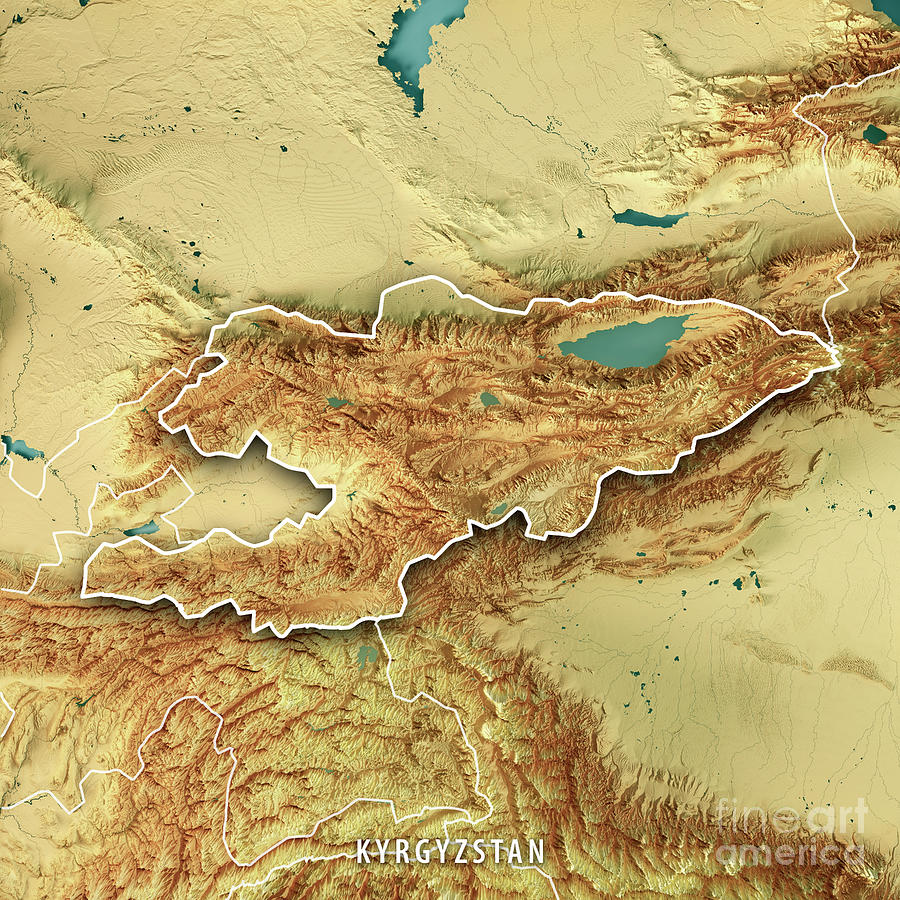 Kyrgyzstan 3D Render Topographic Map Color Border Digital Art by Frank ...