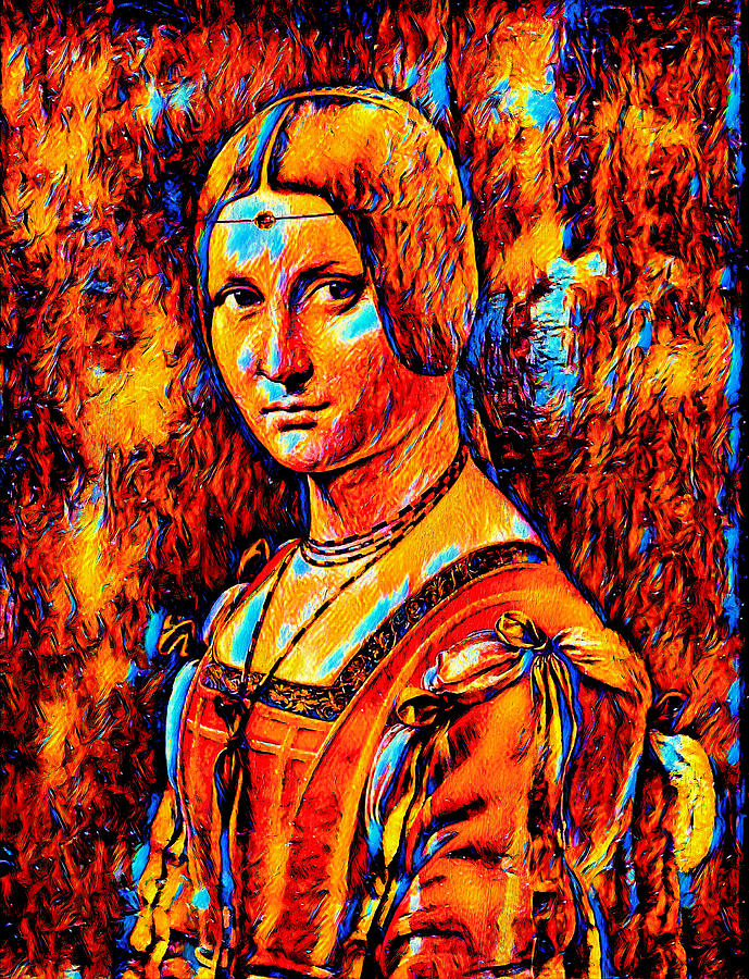 La Belle Ferronniere by Leonardo da Vinci - colorful dark orange recreation Digital Art by Nicko Prints
