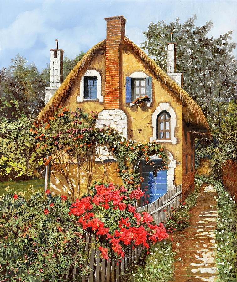 Cottage Painting - La Casa Dei Fiori Rosa by Guido Borelli