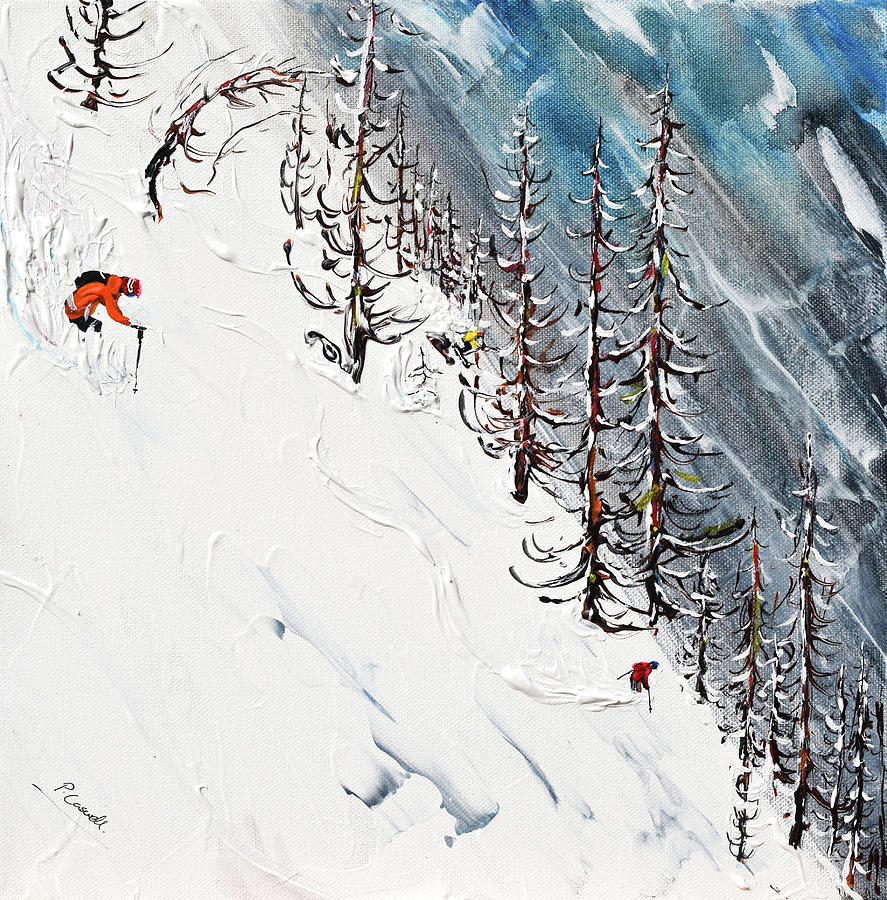 La Grave Skiing in the Trees Painting by Pete Caswell