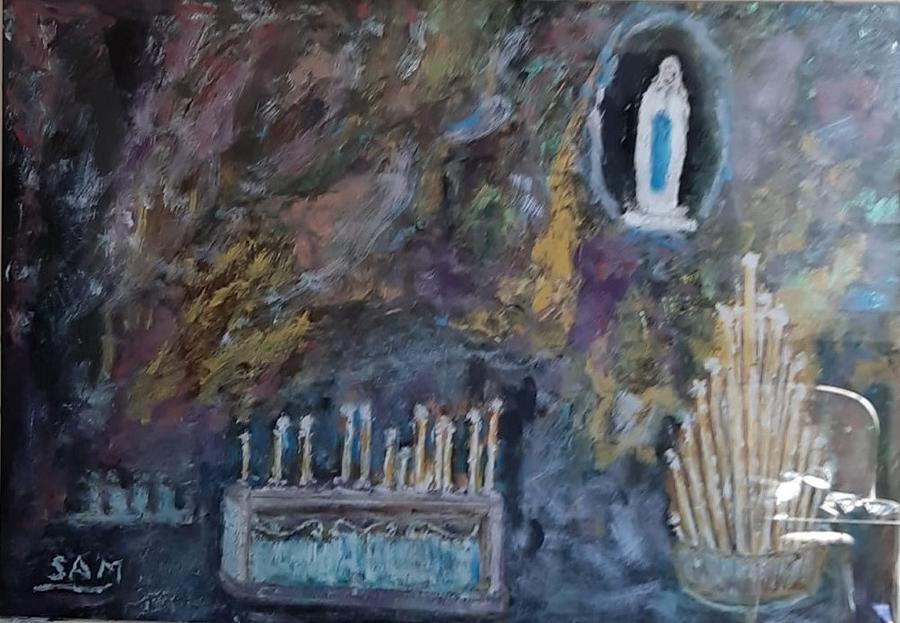 La Grotto Lourdes  Painting by Sam Shaker