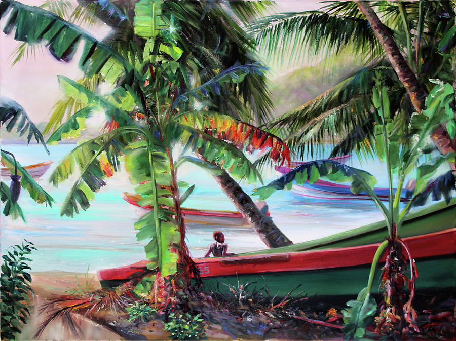 Laborie Bay Through Banana Trees Painting by Jonathan Guy-Gladding JAG