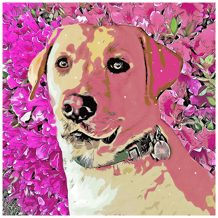 Yellow Labrador Dog with Pink Flowers Digital Art by Inge Lewis