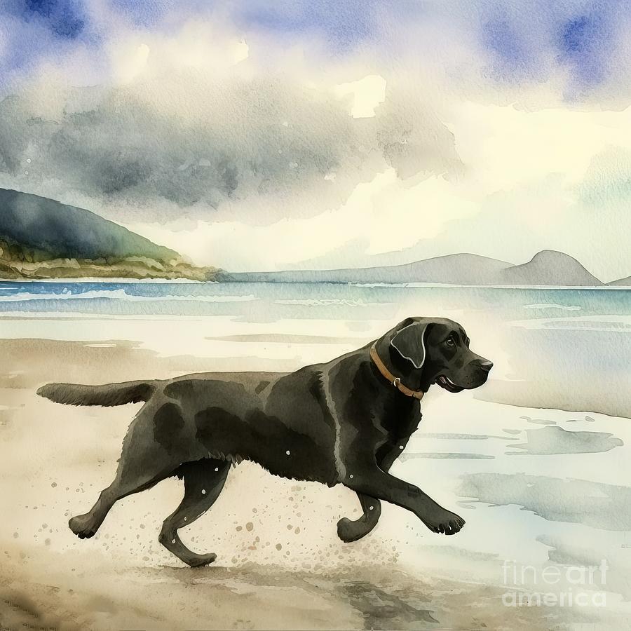 Summer Painting - Labrador running at beach by N Akkash
