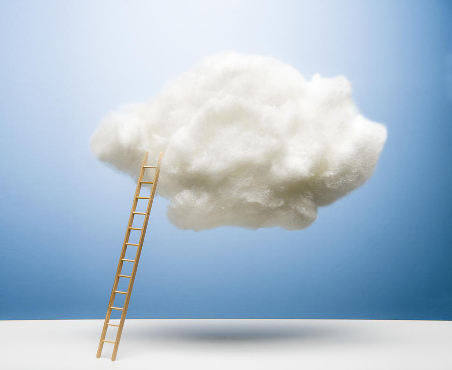 Ladder on white cloud Photograph by PM Images