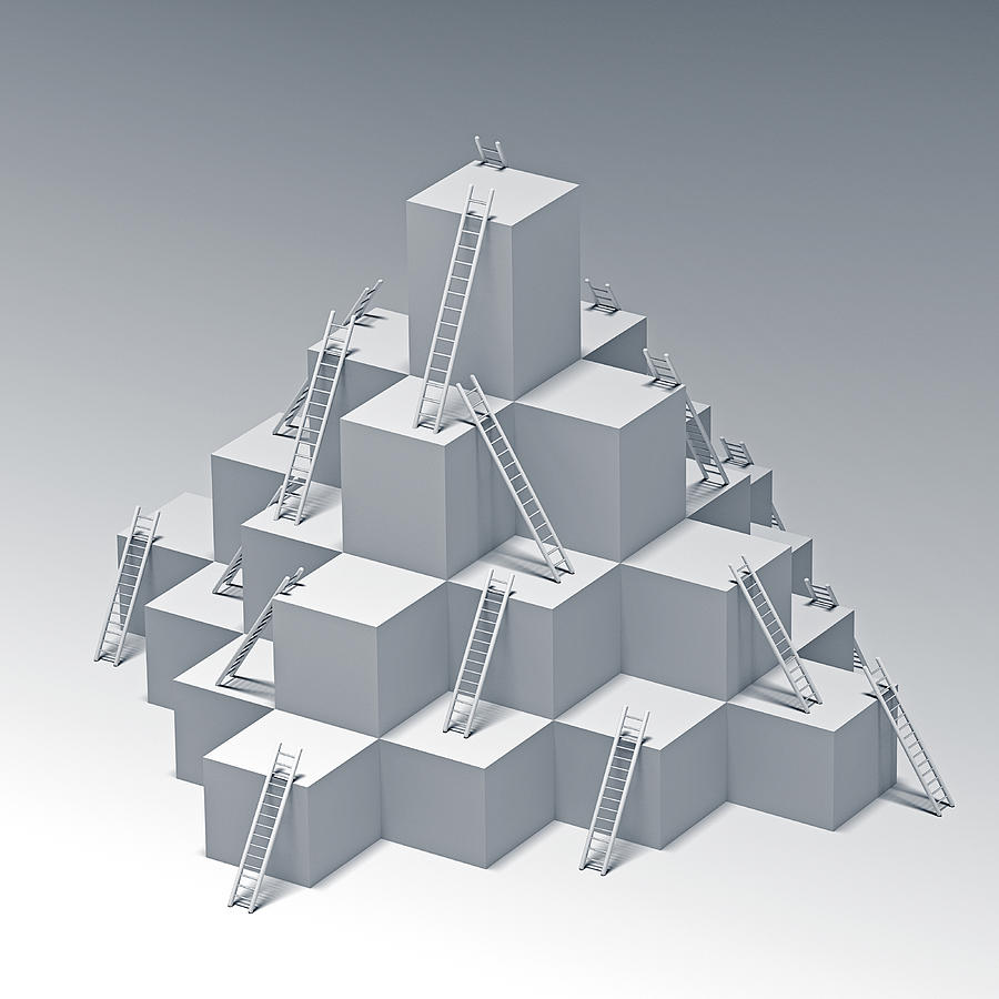 Ladders to higher levels of a white cube structure Drawing by Doug Armand