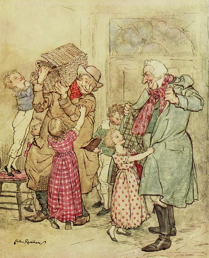 British Drawing - Laden with Presents from Christmas Carol 1915 by Arthur Rackham
