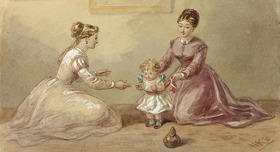 Ladies Coaxing Baby to Walk Drawing by Hablot Knight Browne