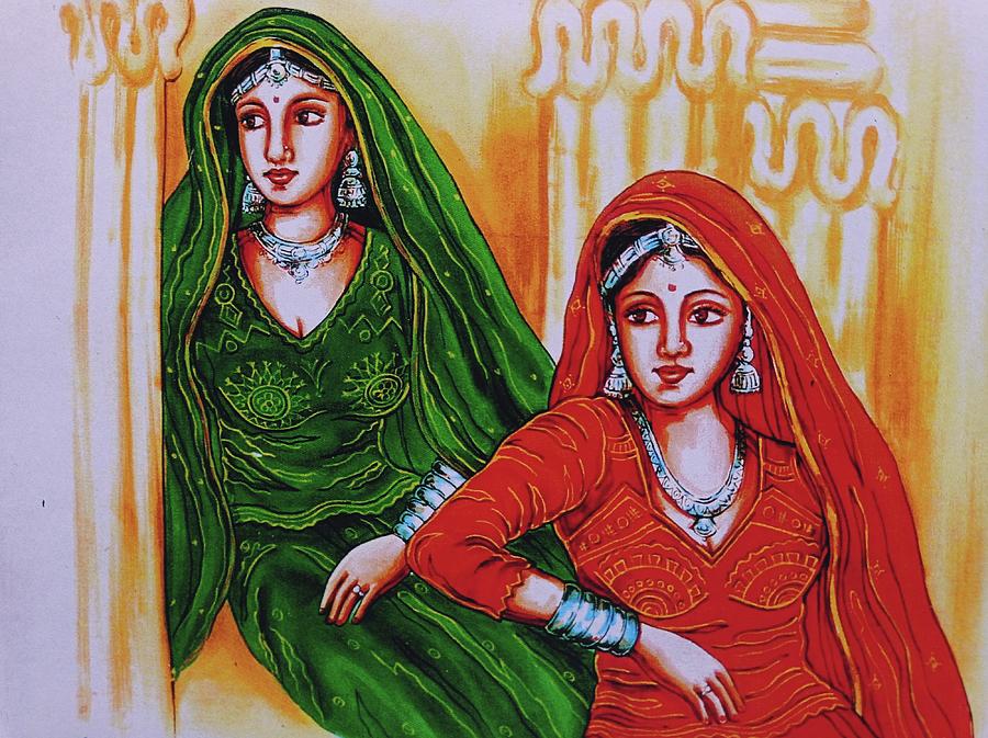 Ladies in green and red dress Painting by Deepak Patankar - Pixels