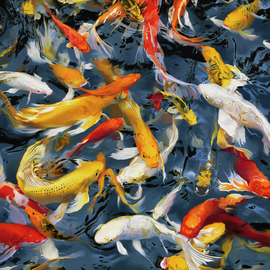Ladies Who Lunch - Koi Fish Pond Painting Painting by Nikita Coulombe