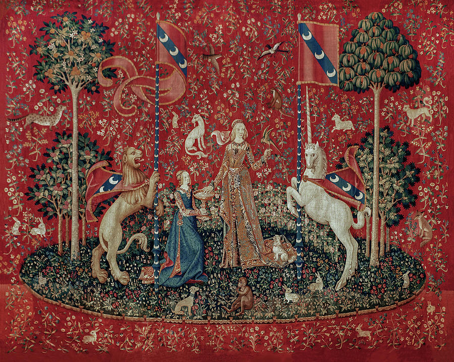 Large Tapestry Medieval Style Lady and Unicorn and Lion Textile Art