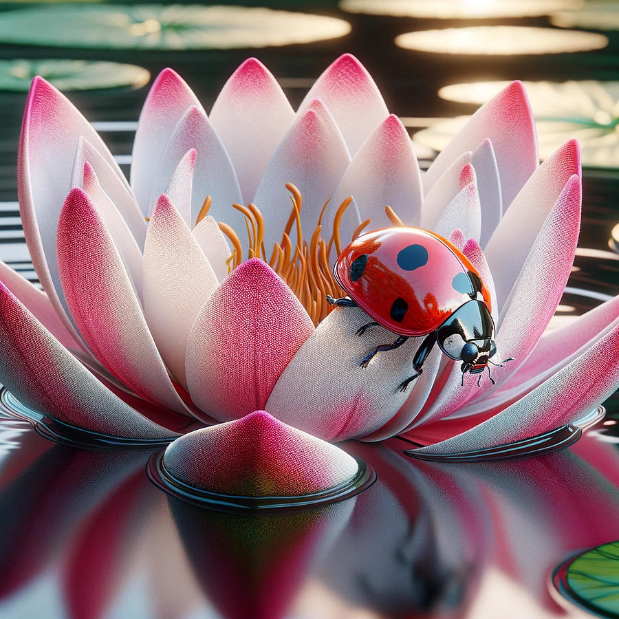 Lady Bug on a Water Lily Digital Art by Holly Picano