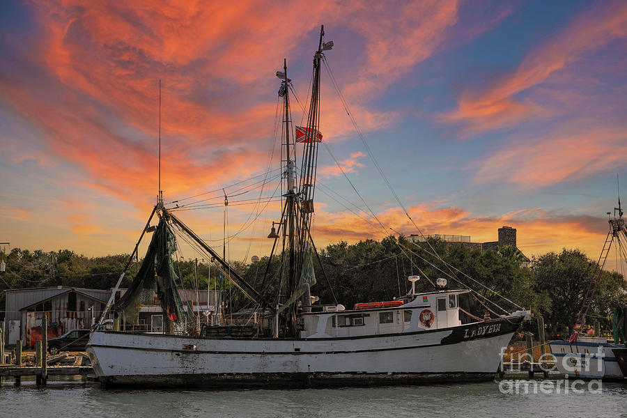 Lady Eva Shrimp Boat on Shem Creek at Sunset Photograph by Dale Powell