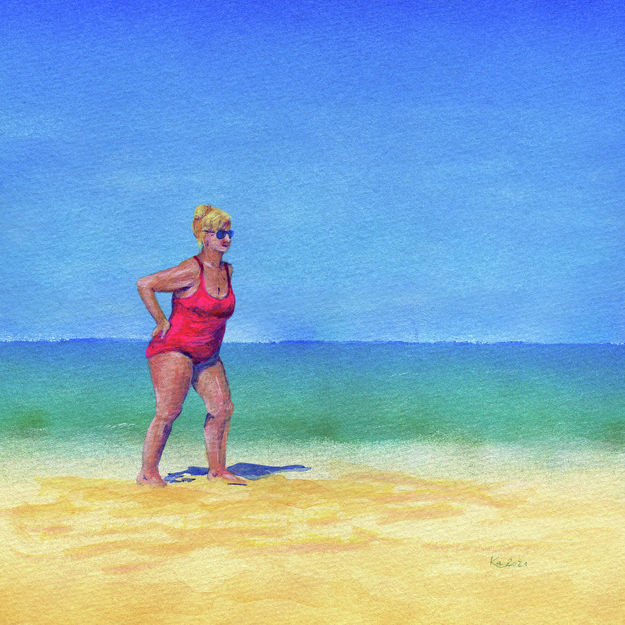 Lady in a pink swimsuit Painting by Karen Kaspar
