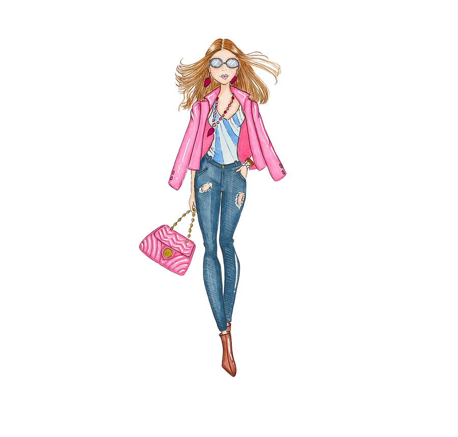 Lady in jeans and pink jacket Drawing by Malena Mozley Fine Art America