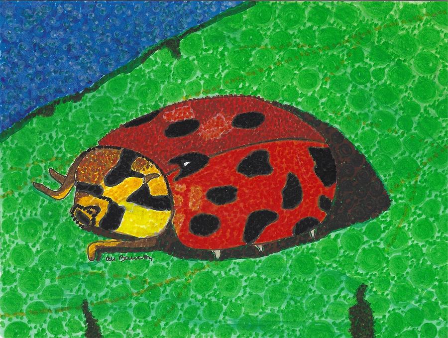 Lady in Red Pen and Ink Abstract Lady Bug on a Green Leaf Drawing by Ali Baucom